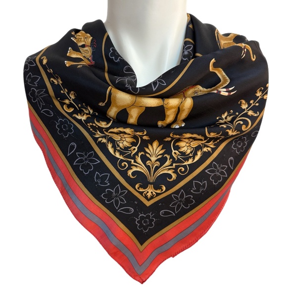 Srinanstra Thailand Vintage Silk Scarf 🇹🇭– Elephant & Floral Gold Motif - Picture 1 of 7